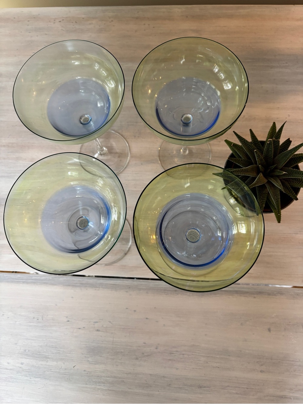 Vintage High Stem Glass Cocktail Glasses with Green Tint & Blue Shades. Set of 4